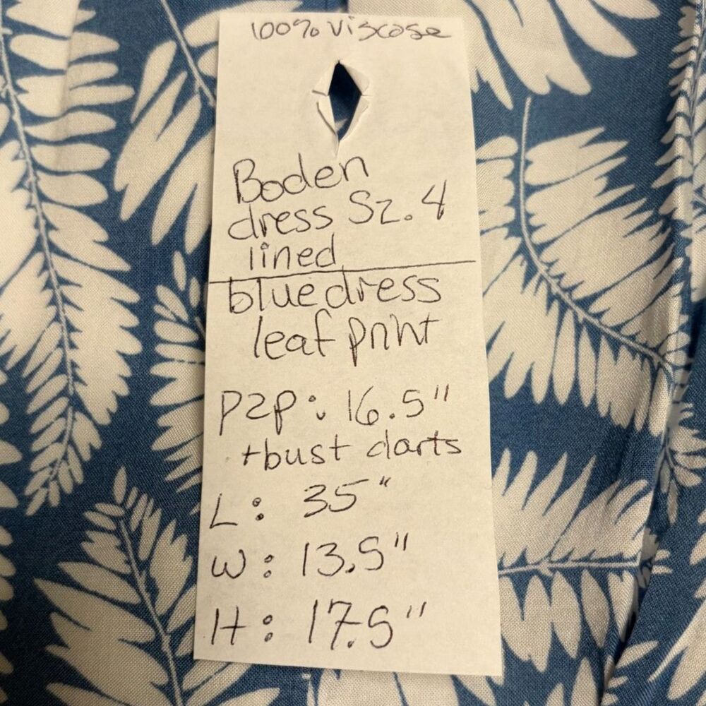 Boden Dress Size 4 botanical print Blue Cream Lined Cap Sleeve Missing Belt - Picture 8 of 14